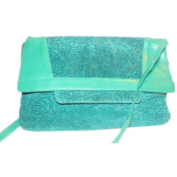 Missoni Green Suede Leather 2-Way Shoulder Bag XL Abstract Metallic Print Clutch - Picture 1 of 12